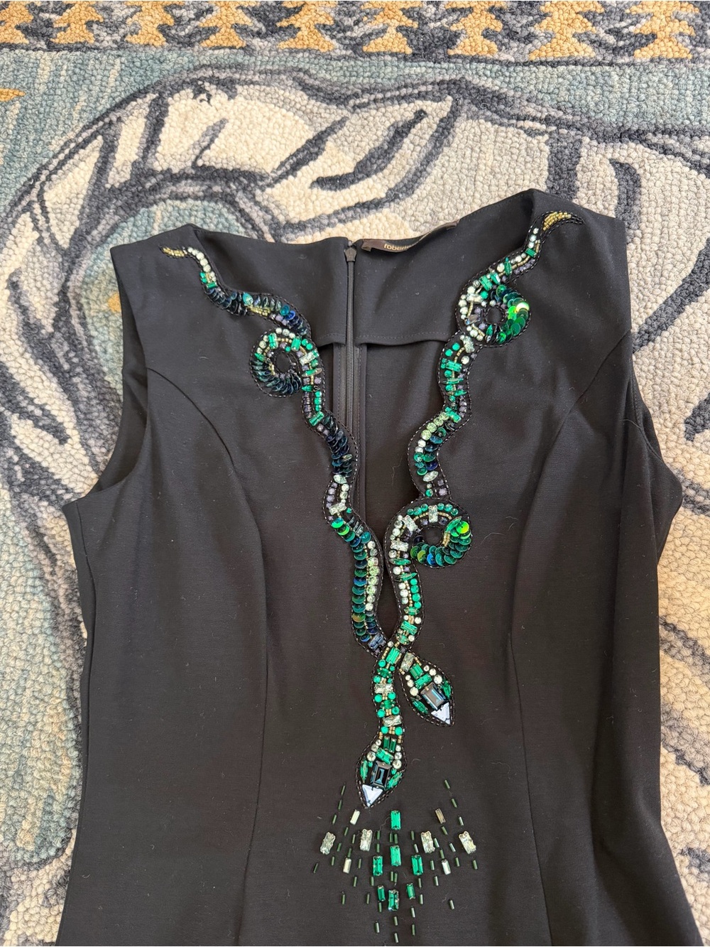 Roberto Cavalli Black Dress with Green Beaded Snake Motif